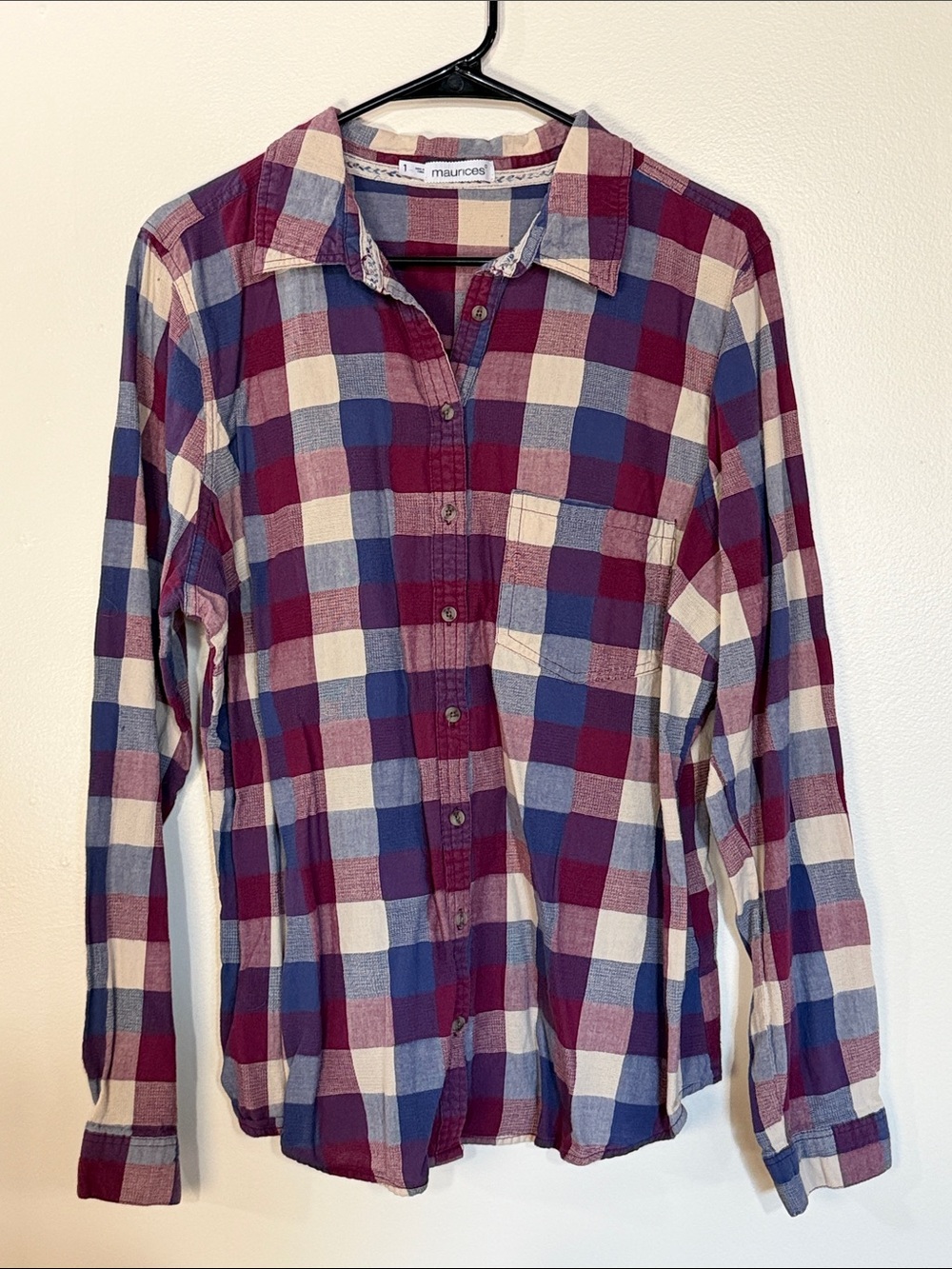 Maurices Plaid Button-Down Shirt in Burgundy, Blue & Cream